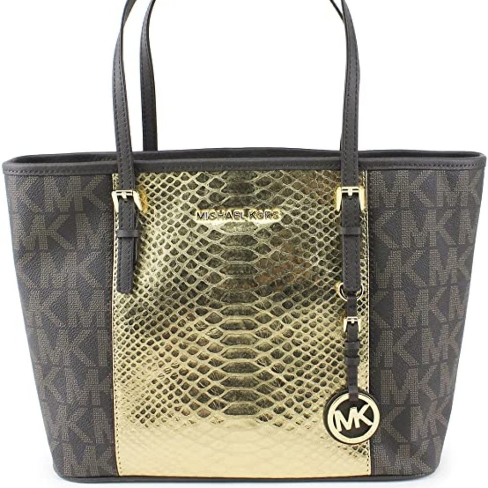 Jetset Travel Center Stripe Small Brown/Gold/Coffee Leather Tote